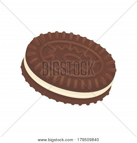 Sandwich chocolate biscuit, filled with vanilla cream, isolated on white. Tasty cracker with ornamental cookies vector illustration, fresh pastry in flat design. Patisserie delicious confectionery