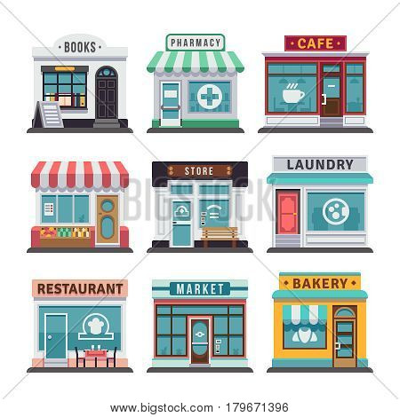 Modern fast food restaurant and shop buildings, store facades, boutiques with showcase flat icons. Exterior market and restaurant, illustration of exterior facade store building