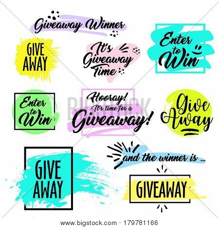 Giveaway handwritten in black brush ink lettering text, Give away time, enter to win, and the winner is and design elements, vector banner for social media contest, calligraphy style