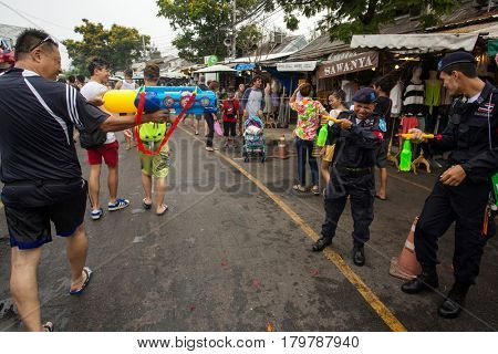 Bangkok, Thailand - April 13, 2014 : The Songkran festival or Thai New Year's festival in JJ market in Bangkok, Thailand.