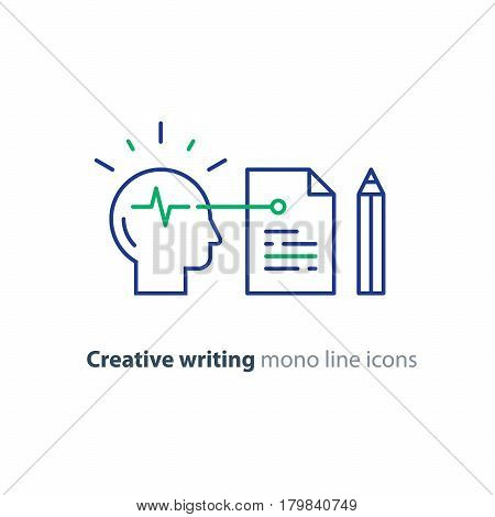 Creative writing and storytelling, copywriting, neuroscience research, brain work study, psychology education concept, vector icon