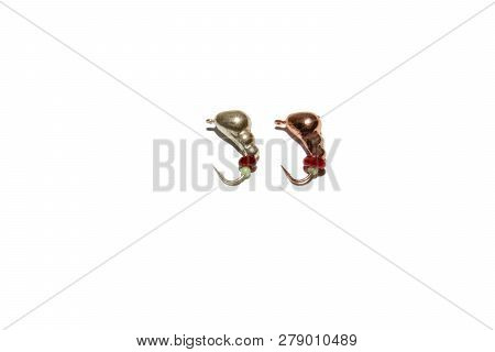 Winter Fishing Jig. Different Shapes And Sizes. Isolated On White Background. Illustrative Editorial