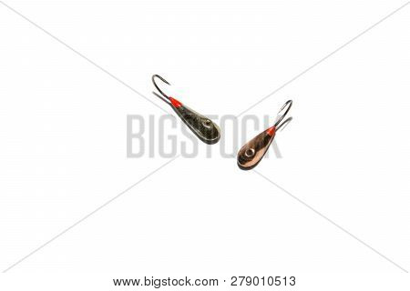 Winter Fishing Jig. Different Shapes And Sizes. Isolated On White Background. Illustrative Editorial