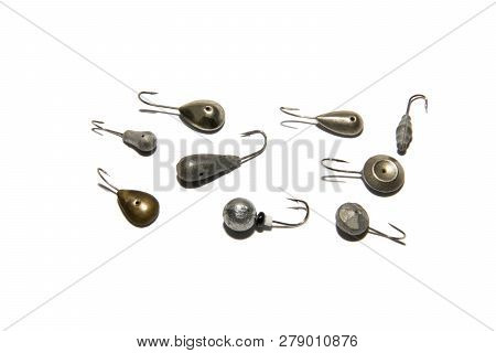 Winter Fishing Jig. Different Shapes And Sizes. Isolated On White Background. Illustrative Editorial