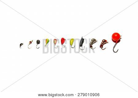 Collection Of Winter Fishing Jig. From Small To Large. Isolated On White Background. Illustrative Ed