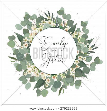 Wedding Invite, Invitation, Save The Date Card Floral Design. Wreath Monogram With Silver Dollar Euc