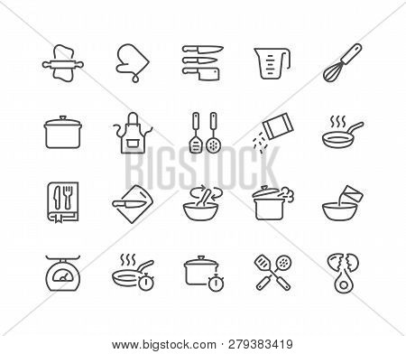 Simple Set Of Cooking Related Vector Line Icons. Contains Such Icons As Kitchen Utensils, Boiling An