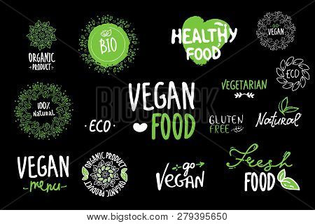 Bio, Ecology, Organic Logos And Icons, Labels, Tags. Hand Drawn Bio Healthy Food Badges, Set Of Raw,