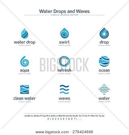 Clean Water Drops And Waves Creative Symbols Set, Font Concept. Fresh Swirl Blue Color Abstract Busi