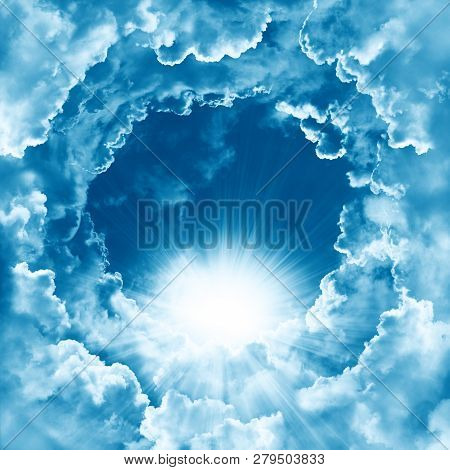 Sky With Beautiful Cloud And Sunshine. Peaceful Cloudy Sky Natural Background. Sunny Day. Divine Shi