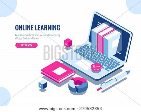 Catalog Of Online Courses Isometric Icon, Online Education, Internet Learning, Laptop With Book On S