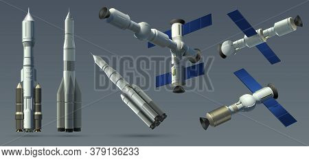 Space Rockets. Realistic 3d Spaceships And Space Stations Collection, Automatic Satellite And Interp