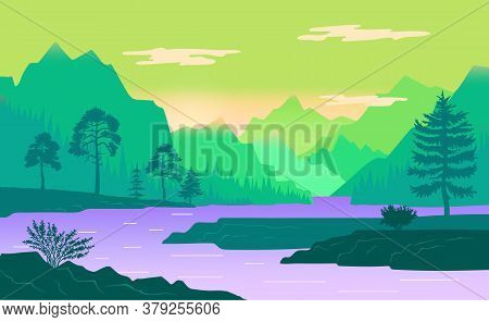 Natural Landscape Background With Mountains, Clear Sky And Clouds, The River Flows Along The Forest 