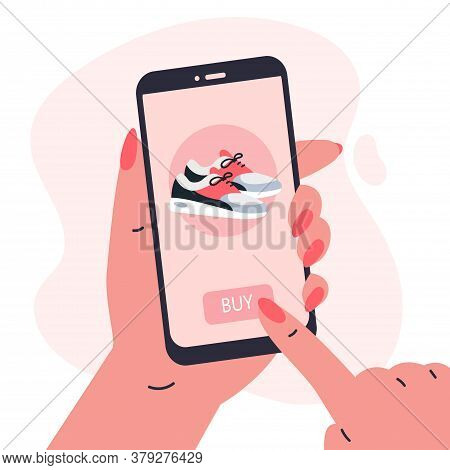 Mobile Shopping Consept.woman Holding A Phone In Her Hands And Shopping In The Online Store, Buys A 