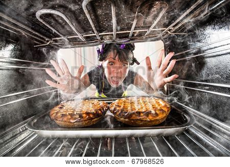 Funny Housewife overlooked cakes in the oven, so she had scorched, view from the inside of the oven. Housewife perplexed and angry. Loser is destiny!