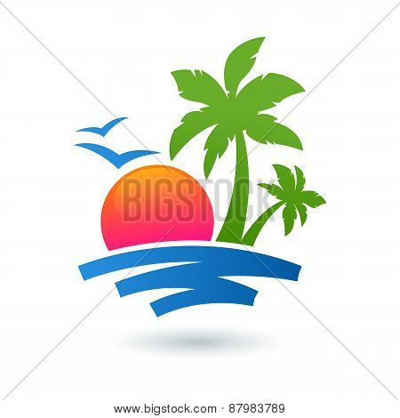 Summer Beach Illustration, Abstract Sun And Palm Tree On Seaside. Vector Logo Design Template. Conce