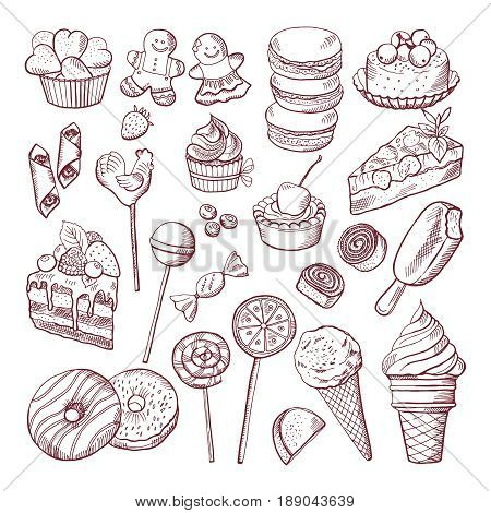 Vector doodle pictures of different desserts sweets and cakes. Sweet cake sketch doodle, illustration of sweet food