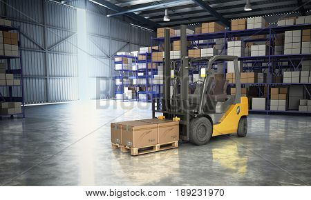 Concept Of Warehouse The Forklift In The Big Warehouse Delivery Background 3D Illustration