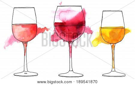 A set of vector and watercolor drawings of glass of rose, red, and white wine with splashes of paint, on white background