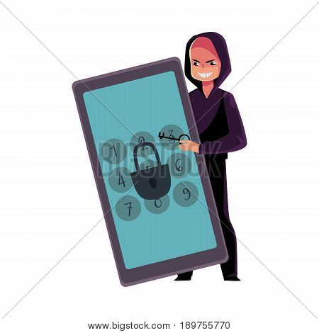 Hacker in black hoodie breaking phone, smartphone pin code, cracking screen lock, cartoon vector illustration isolated on white background. Hacking, breaking, cracking phone screen lock, pin code