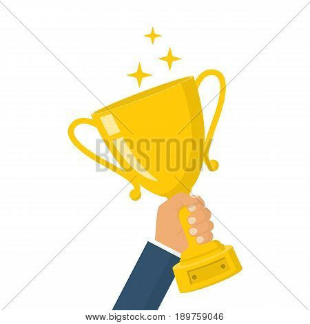 Winning cup in hand. Symbol of success, winning, championship. Gold trophy.   Award bowl. Vector illustration flat design. Isolated on white background. Leadership concept.