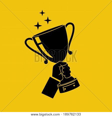 Winning cup in hand icon. Symbol of success silhouette. Pictogram winning, championship. Gold trophy. Award bowl. Vector illustration flat design. Isolated on yellow background. Leadership concept.