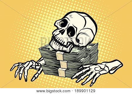 skeleton skull dollar money, wealth and greed. Pop art retro vector illustration