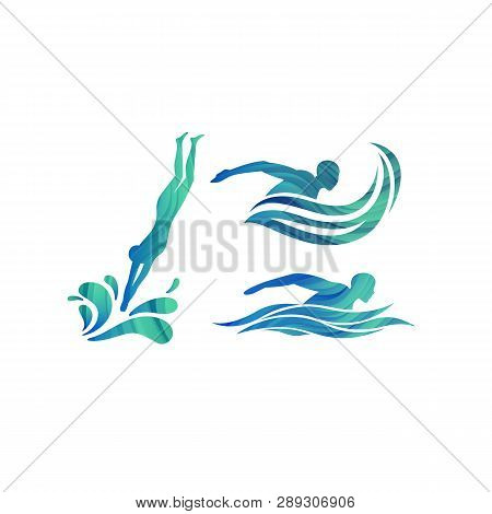 Vector Silhouettes Of Swimmers. Concept For Swimming Pools Logo, Competitions Icon And Symbol For Sw