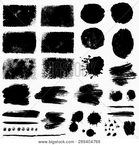 Paint Brush Strokes, Grunge Stains And Ink Blots Isolated On White Background. Black Vector Design E