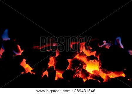 Coal Anthracite. Burning Coal In The Furnace Of A Solid Fuel Boiler. Heat. Flame. Forge Furnace. Hot