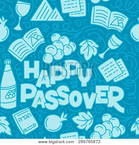 Passover Seamless Pattern Jewish Holiday Pesach . Hebrew Text Happy Passover. Monochrome Vector Illu