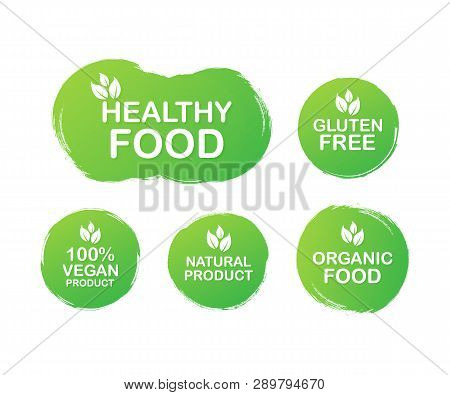 Vector Set Colorful Labels For Food, Nutrition. Collection Icons. Healthy Food, Gluten Free, 100 Veg