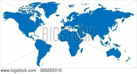 World Map In Blue. Globe Symbol In Flat Design. Planet Silhouette. Earth With Continents On White Ba