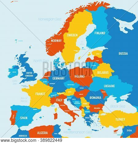 Europe Map - 4 Bright Color Scheme. High Detailed Political Map Of European Continent With Country, 