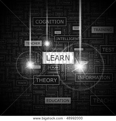 LEARN. Background concept wordcloud illustration. Print concept word cloud. Graphic collage with related tags and terms. Vector illustration. 