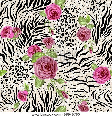 Rose on animal abstract print. Seamless pattern  