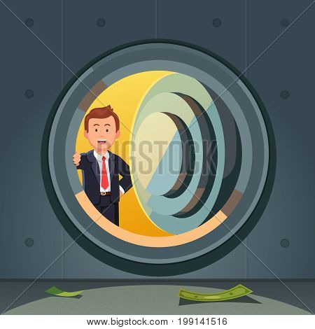 Smiling businessman in suit peeking through bank vault door. Dark and empty safe room with a few banknotes on the floor. Economic crisis or starting a business concept. Flat style vector illustration.