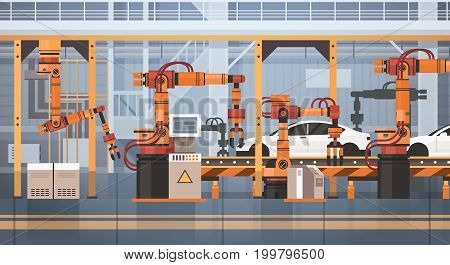 Car Production Conveyor Automatic Assembly Line Machinery Industrial Automation Industry Concept Flat Vector Illustration