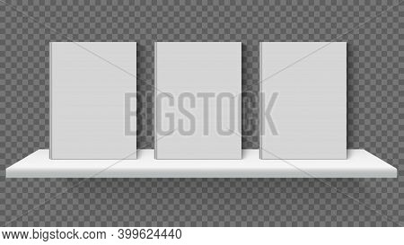 Realistic Bookshelf Mockup. White 3d Books Standing On Shelves, Book Store, Library Or School Booksh