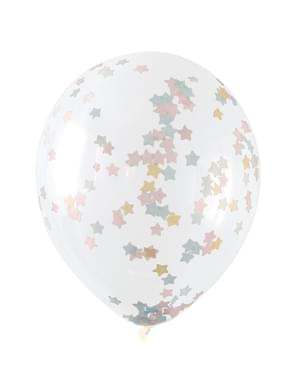 5 transparent balloons with pink, blue and gold star confetti (30 cm)