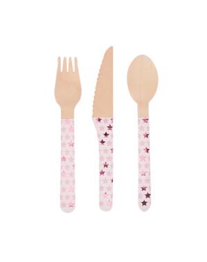 24 wooden cutlery pieces - Little Star Pink