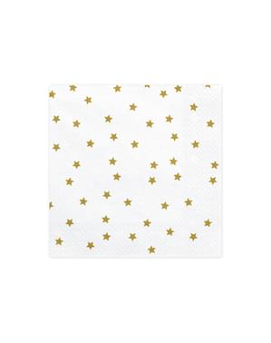 20 White Paper Napkins with Gold Stars Print (33x33 cm)