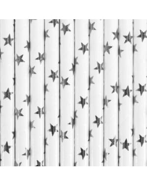 10 White Paper Straws with Silver Stars