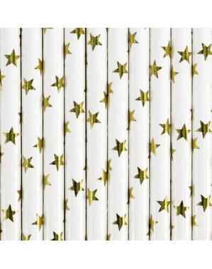 10 White Paper Straws with Gold Stars - Happy New Year Collection