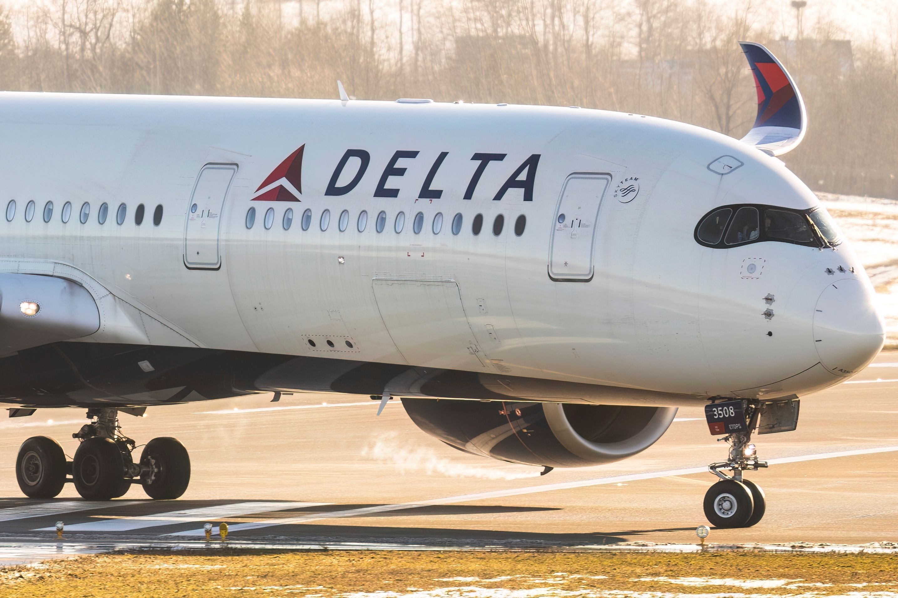 A Delta Air Lines Airbus A350 on an airport apron.