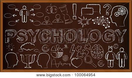 Chalk board doodle with symbols on psychology. Vector illustration. Set of education and learning do