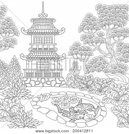 Coloring page of oriental temple. Japanese or chinese pagoda tower. Freehand sketch drawing for adult antistress coloring book in zentangle style.