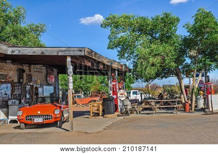 HACKBERRY, ARIZONA, USA - MAY 15, 2013: A classic corvette outside the antique Hackberry General Store.