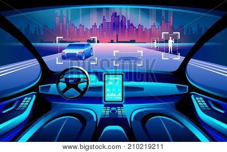 Autonomous smart car inerior. Self driving at night city landscape. Display shows information about the vehicle is moving GPS travel time scan distance Assistance app. Future concept