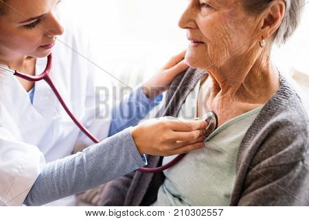 Health visitor and a senior woman during home visit. A nurse or a doctor examining a woman. Close up.